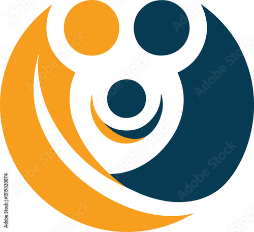 This vector image features an abstract design of three stylized figures forming a cohesive unit rendered in dark blue and orange hues