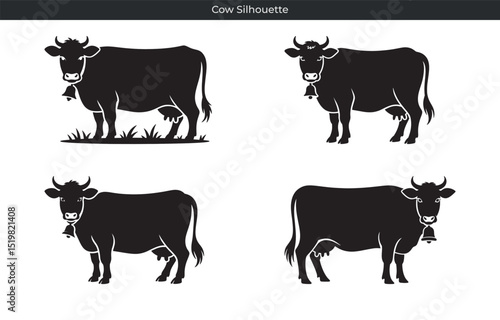 Vector illustration of four black cow silhouettes depicting farm animal livestock farming