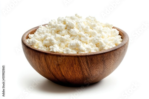 Cottage cheese in a wooden bowl isolated on white background, a healthy dairy product