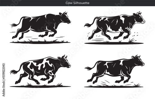 Running cow silhouettes in black and white depicting farm animal illustration designs