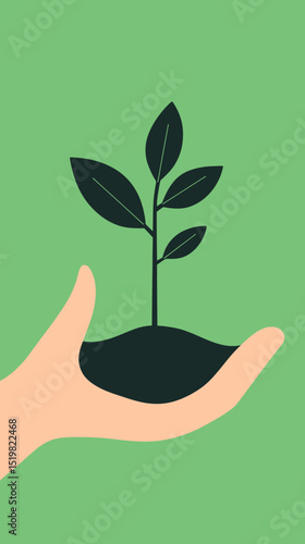 Flat minimalist vector of hand holding small green plant with soil symbolizing growth nurturing and environmental care on solid background