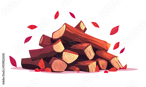 Stack of dry firewood logs pile with falling autumn leaves isolated on white background cartoon vector illustration for bonfire wood burning and camping concept