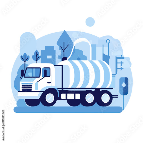 Blue industrial tanker truck delivering water or liquid fuel in urban environment flat vector illustration with cityscape trees and road signs background