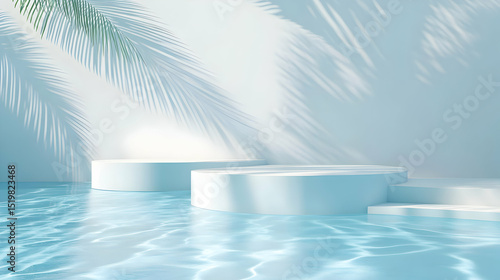 Minimalistic product display podium with sunlight and water reflection background