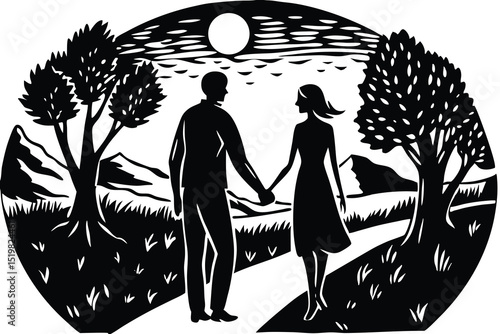 Silhouette of a couple walking hand in hand on a nature path at sunset