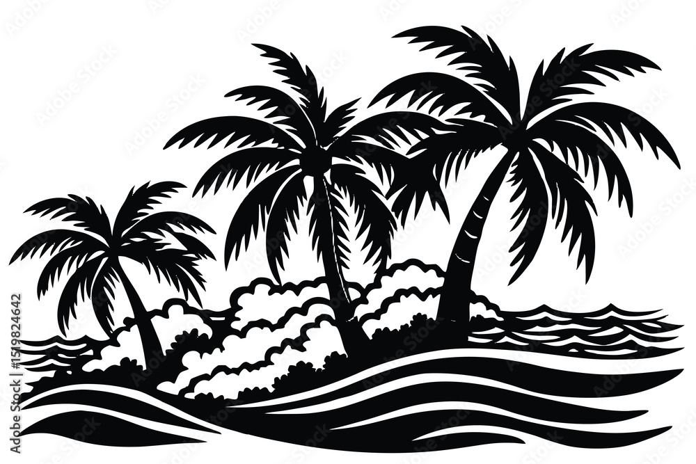 Tropical island palm trees black silhouette beach scene vector graphic Tropical island palm trees black silhouette beach scene vector graphic