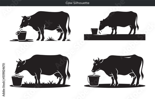 Silhouetted cows drinking water from buckets in various poses for conceptual farm designs
