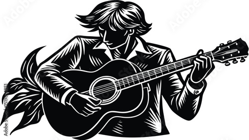 Black and white illustration of a guitarist performing with passion