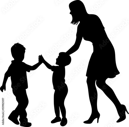 Silhouette of a mother playing with her children a heartwarming family moment captured in a simple yet elegant vector design