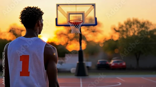 Young basketball player focused on the hoop at sunset