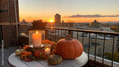 Pumpkin pie slice surrounded by autumn decorations on balcony at sunset  