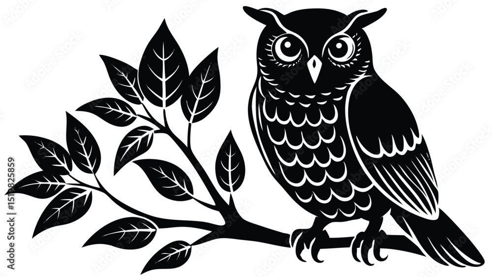 Fototapeta premium Owl silhouette perched on a branch black and white detailed vector illustration