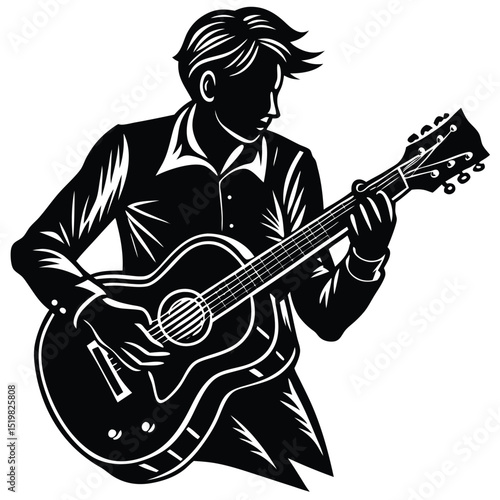 Musician silhouette playing acoustic guitar vector illustration for music event design