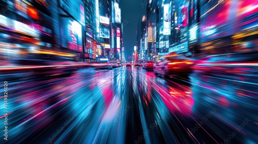 Cyberpunk neon city street with glowing lights and fast moving cars. Generated AI Cyberpunk neon city street with glowing lights and fast moving cars. Generated AI