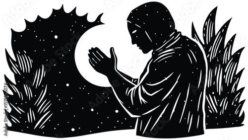 Silhouette of muslim man praying under the moonlight black and white graphic