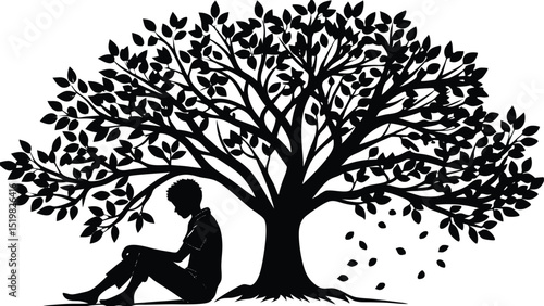Solitude beneath the tree silhouette of person resting with falling leaves