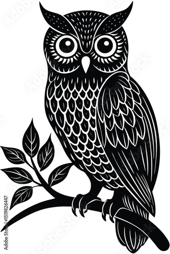 Stylized owl sitting on branch illustration black and white vector design