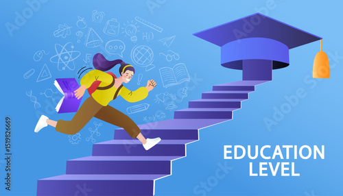 girl running achieve educational goals. Vector of a little boy climbing up stairs to reach his goal on the top. Starting His Way Up to Academic Cap as Symbol College Graduation. 