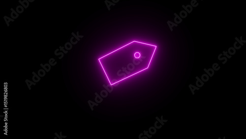 Glowing neon line price tag icon on black background.