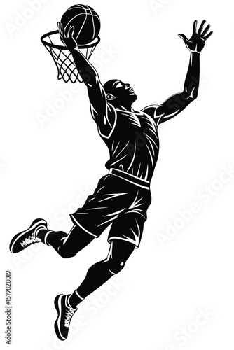Silhouette of basketball player dunking with dynamic vector illustration style