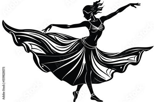Silhouette of graceful female dancer with flowing dress in an artistic style