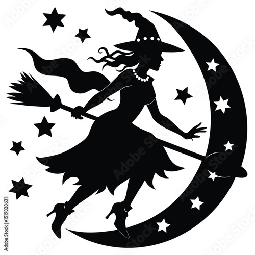 Silhouette of witch flying on broomstick with moon and stars vector illustration