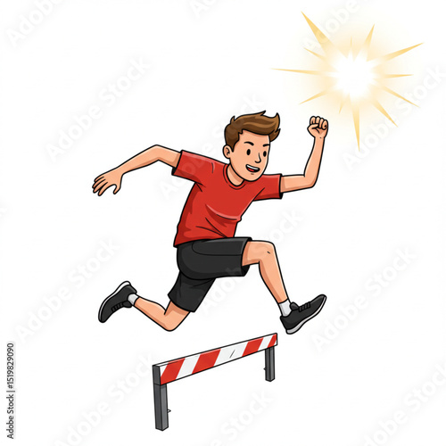 Young Cartoon Character Sprinting and Jumping Barrier Vector