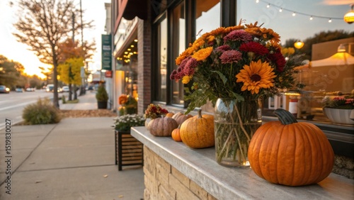 Fototapeta Naklejka Na Ścianę i Meble -  Pumpkin pie slice on white plate near fall bouquet and small pumpkins on outdoor café table in warm sunset lighting