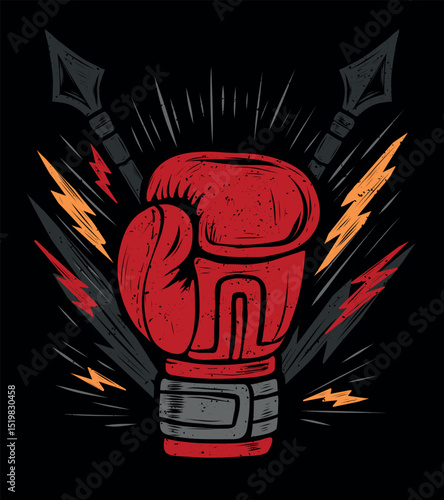 Boxing gloves poster with lightning and spear, boxing championship tee design. grunge textured print sport boxer illustration in sketch style. Silhouette of boxing gloves