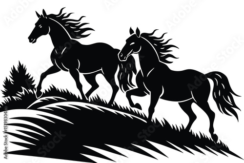 Two horses running freely across a grassy hillside black and white illustration