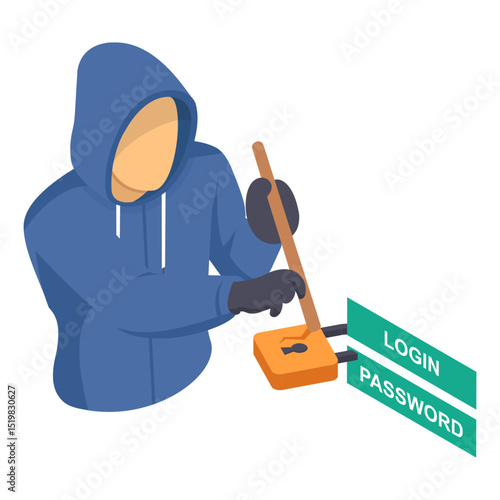 Burglar Trying To Break the Gate with a Crowbar isometric Concept, Breaking Master Lock vector icon design, White Collar Crime symbol, Computer crime Sign, security breakers stock illustration