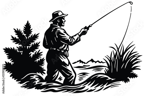 Black and white illustration of a man fishing in a river stream