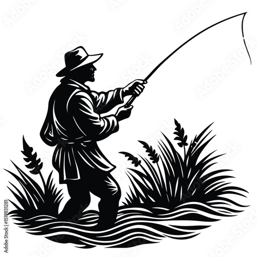 Silhouette of a fisherman angling standing in water with reeds vector illustration