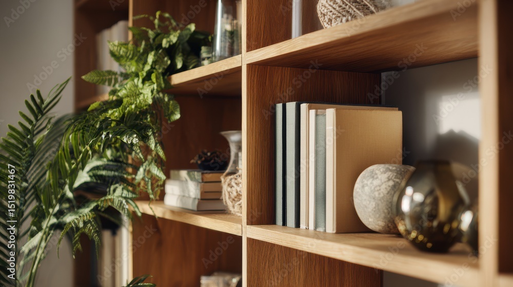 Fototapeta premium Sunlit wooden bookshelf with plants, books, and ceramic decor. Cozy home office corner with warm shadows. Calm focus and mindful productivity. Ideal for branding, interiors, and lifestyle blogs.