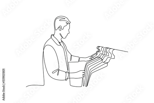 Customer choosing clothes from hangers in clothing store continuous line drawing
