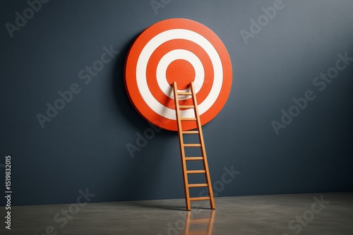 Large red and white target with wooden ladder leaning against it on dark wall background symbolizing achieving a goal or success concept.