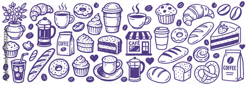 Hand drawn sketch style coffee shop set illustration of various coffees and bakery items collection
