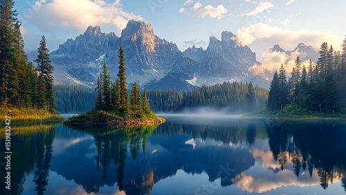 Serene Mountain Lake Reflection at Dawn