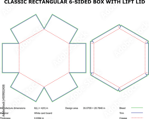 Classic rectangular six sided box with lift lid template diagram