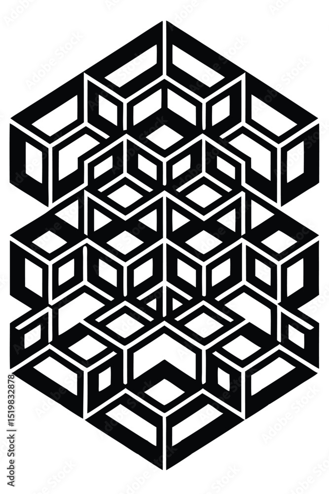 Abstract geometric pattern with interlocking cubes in black and white design Abstract geometric pattern with interlocking cubes in black and white design