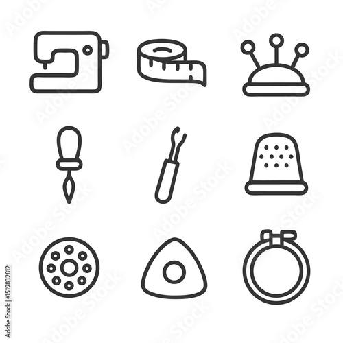 Sewing tools icon drawings are ideal for crafting projects, sewing tutorials, and textile designs, showcasing various instruments for creative endeavors.
