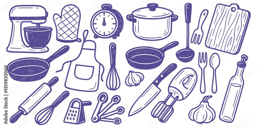 Collection of sketched kitchen utensils for food preparation, cooking and baking in kitchenware concept Collection of sketched kitchen utensils for food preparation, cooking and baking in kitchenware concept
