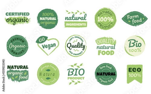 Organic food, bio, eco, vegan and natural product. Set of organic food label, icons, logos. Set for food market, ecommerce, organic products packaging, healthy life promotion, restaurant.