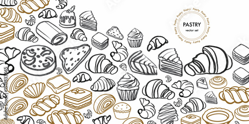 Isolated vector set of Bakery. Hand drawn and chalked cookies, barolls, pies, cakes, pastries, croissants.. Vintage template with pastries sketch. Fresh bakery. Shop. Template. 