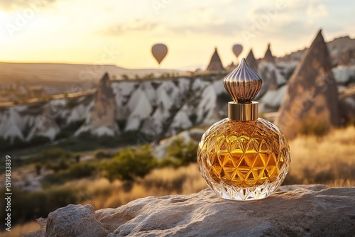 Elegant perfume bottle with golden liquid against sunset landscape