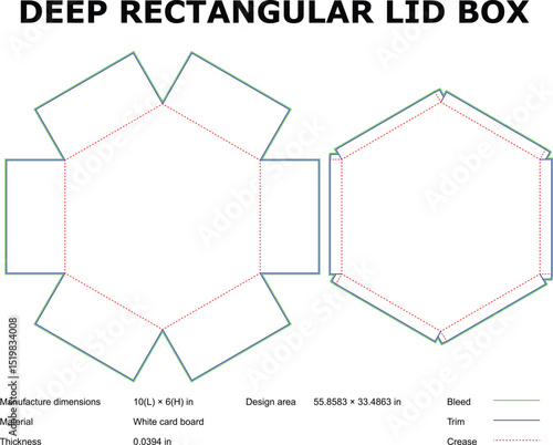 Deep rectangular lid box template die-cut design white card stock
