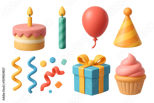 Festive 3D renderings of birthday party elements including cake, candles, balloons, confetti, a party hat, gift, and cupcake