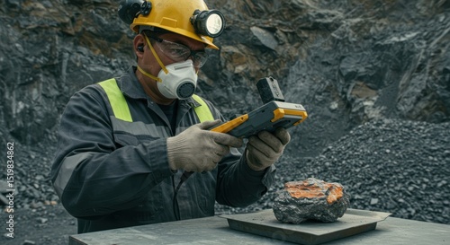 Industrial worker analyzing minerals using advanced technology in a quarry setting