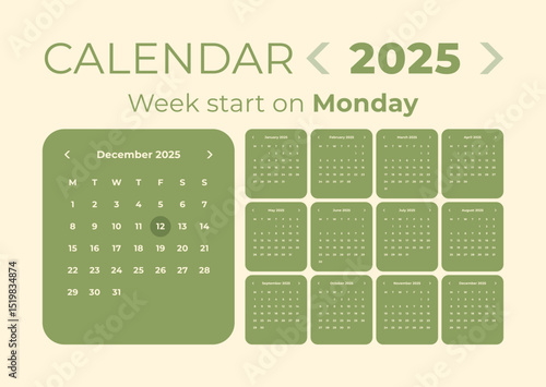 Calendar 2025 application style and the week starts on Monday