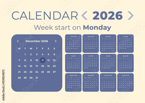 Calendar 2026 application style and the week starts on Monday